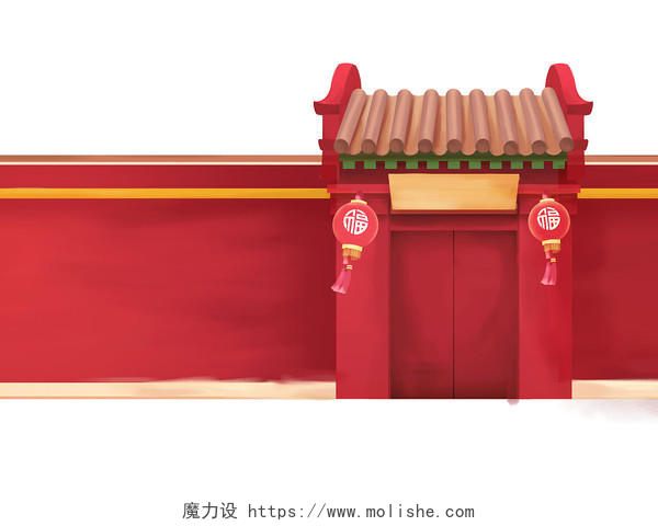 红色手绘卡通中国风国潮古风建筑房子新年春节元素PNG素材